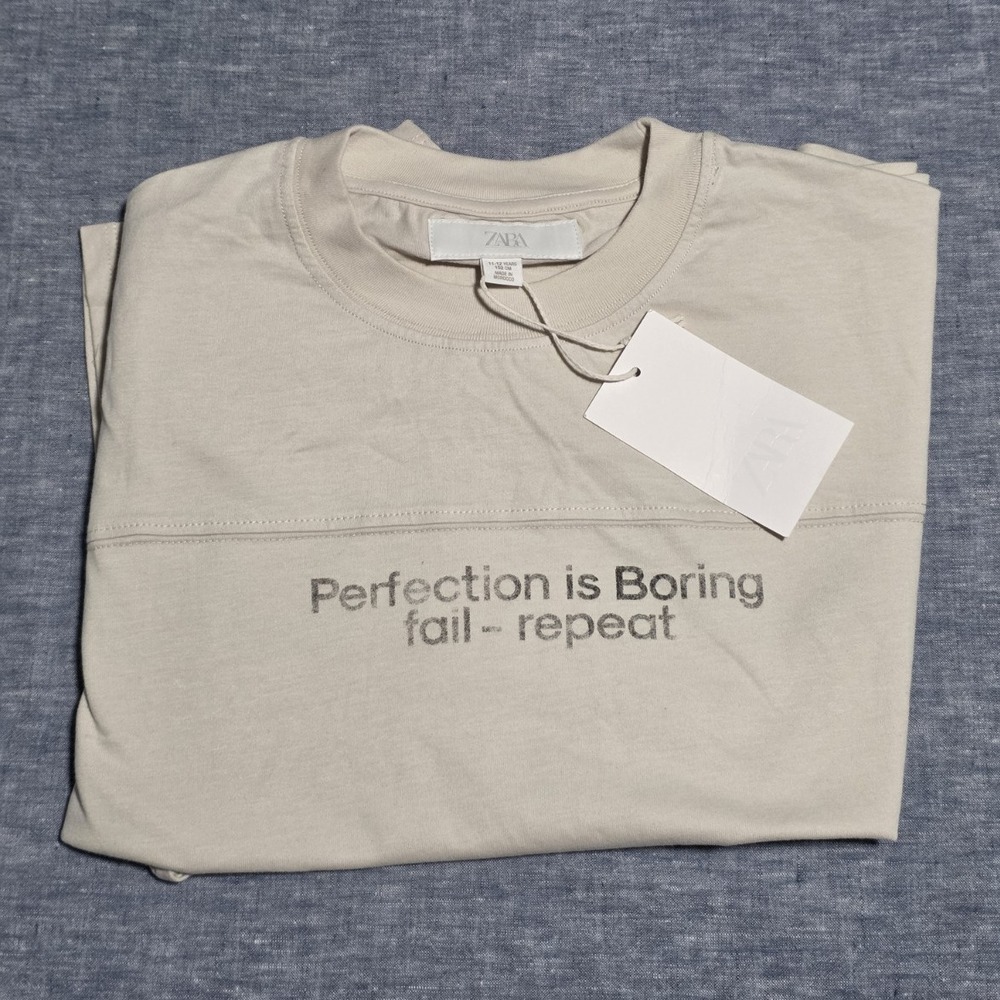 Zara Boys Graphic T-Shirt 11-12 Years 152 cm Cream "Perfection Is Boring" NWT
